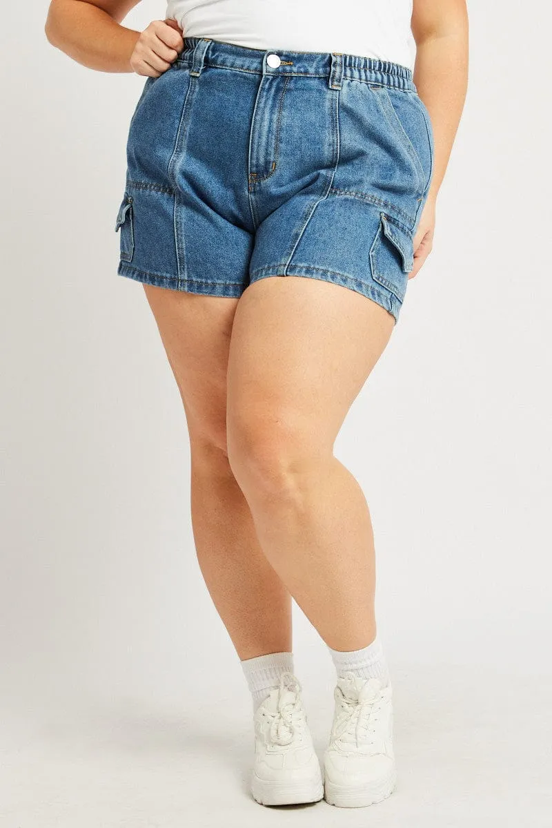 Denim Cargo Shorts High Rise Casual Look FormFitting Cut