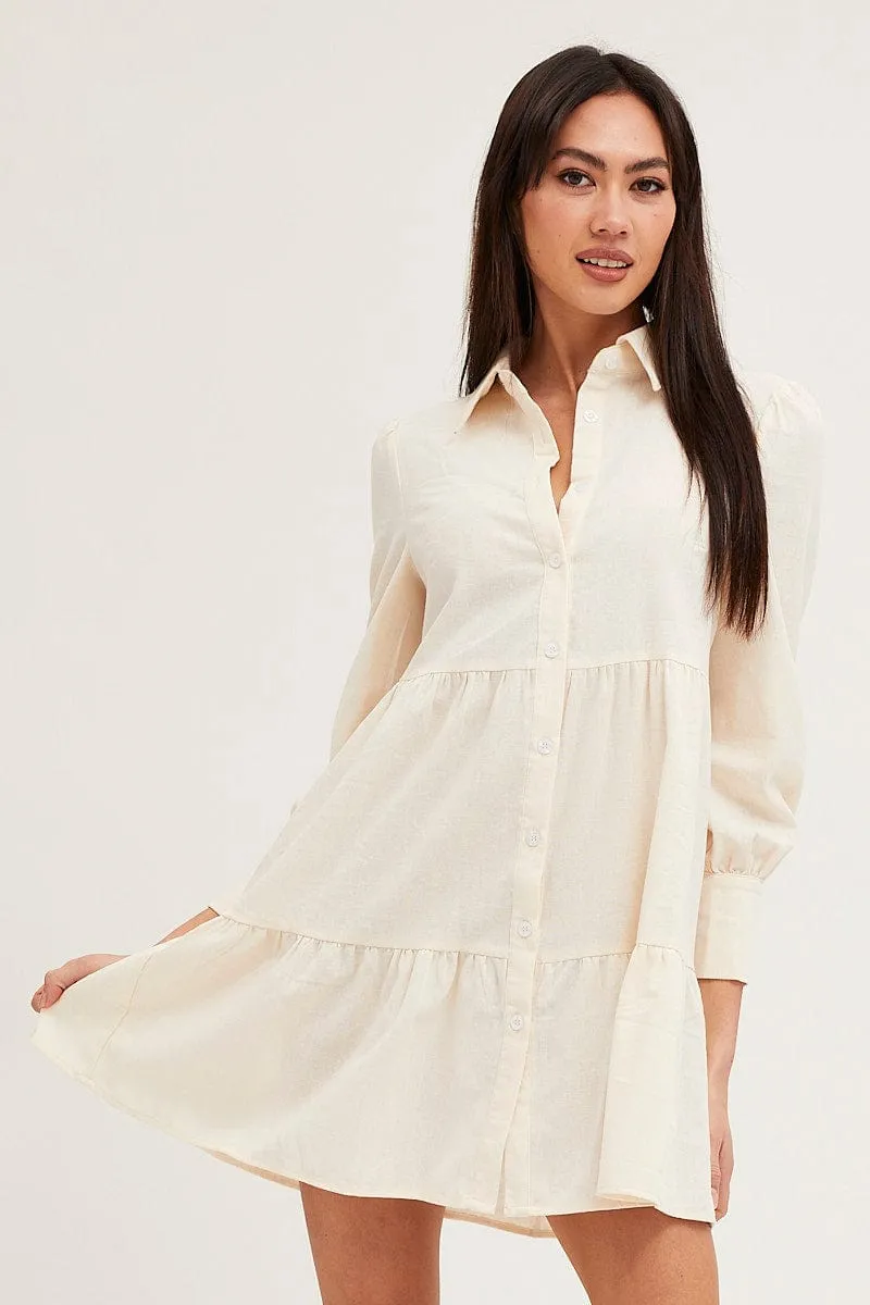 Beige Shirt Dress Long Sleeve Button Front EcoFriendlyProduction