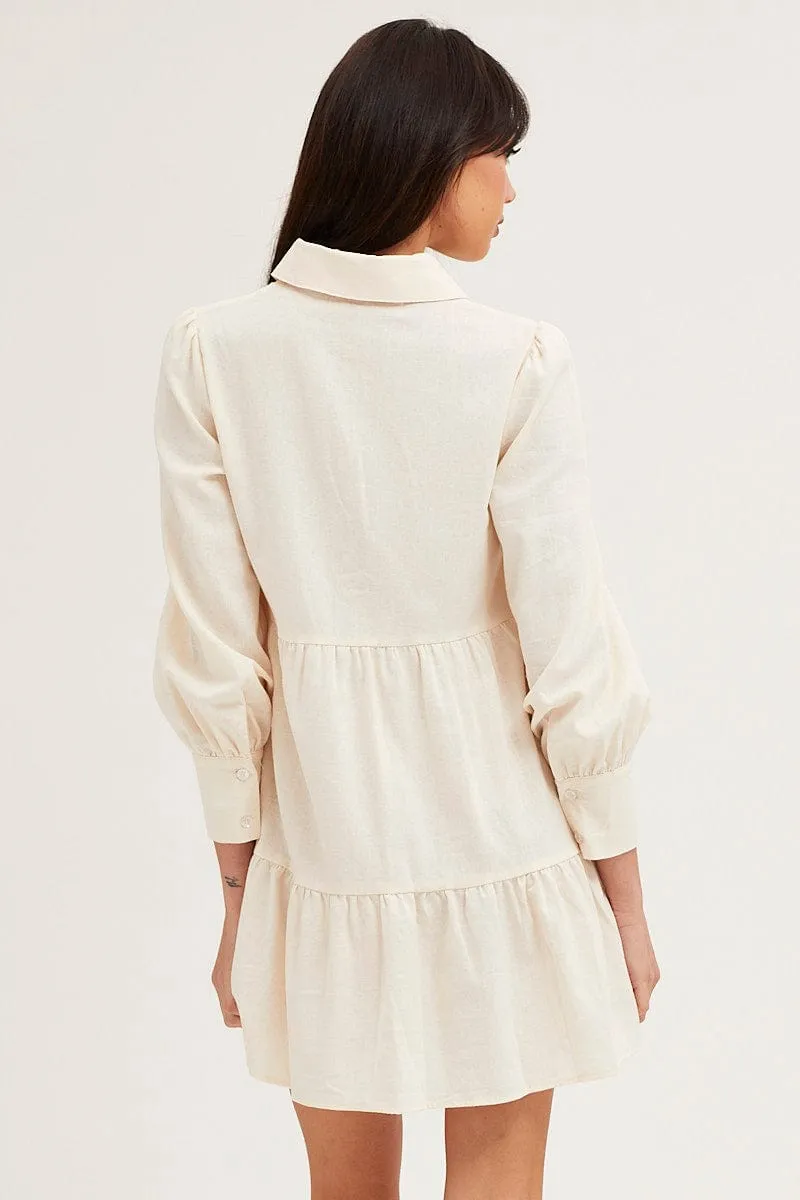 Beige Shirt Dress Long Sleeve Button Front ZeroWasteProduction Sheer Glow