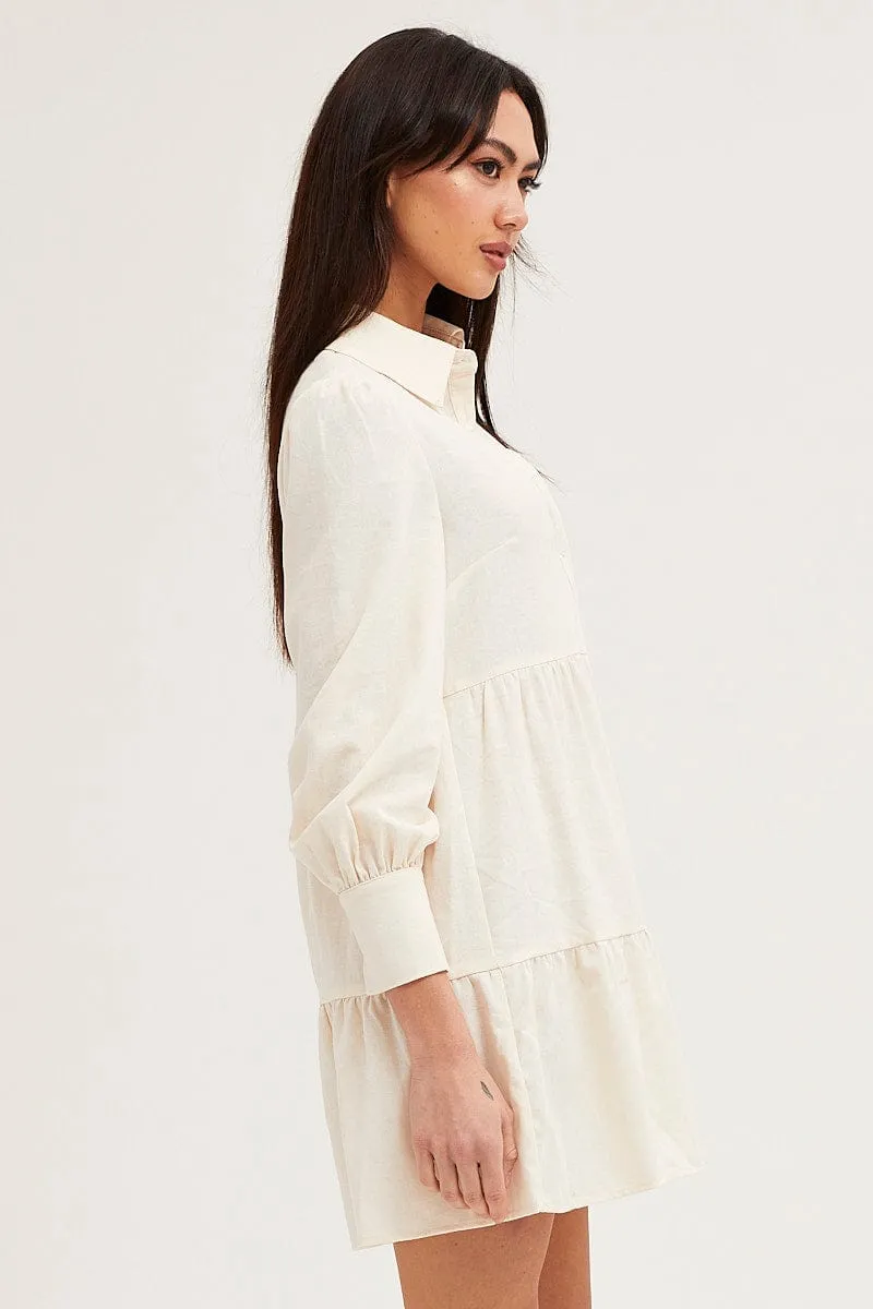Beige Shirt Dress Long Sleeve Button Front Grace Ease