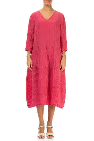 Plane Mood Unique Cut V-Neck Crinkled Raspberry Silk Linen Dress