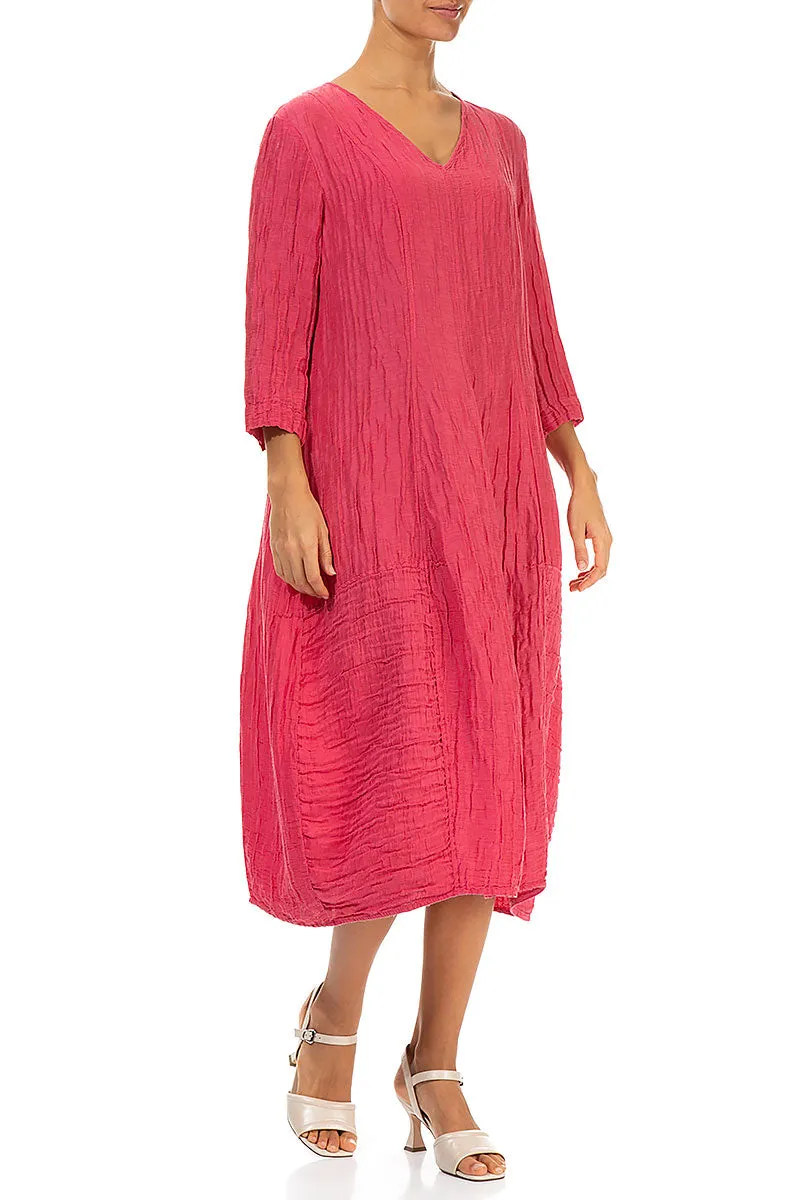Breathable Stretch Fabric V-Neck Crinkled Raspberry Silk Linen Dress