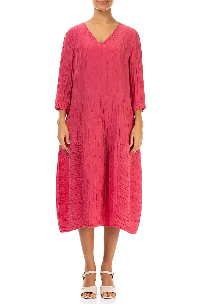 Plane Mood Unique Cut V-Neck Crinkled Raspberry Silk Linen Dress