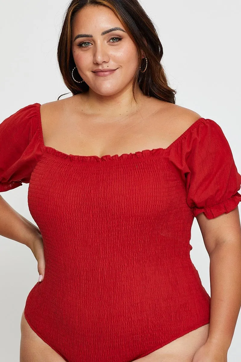 Bold Fashion Brown Shirred Bodysuit Forest Short Sleeve