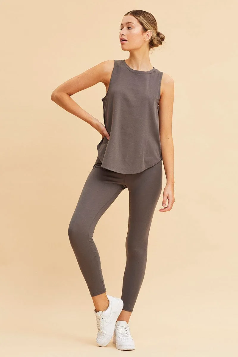 Carry Ease Comfortable Fashion Grey Sleeveless Tank Cotton Crew Neck Curved Hem