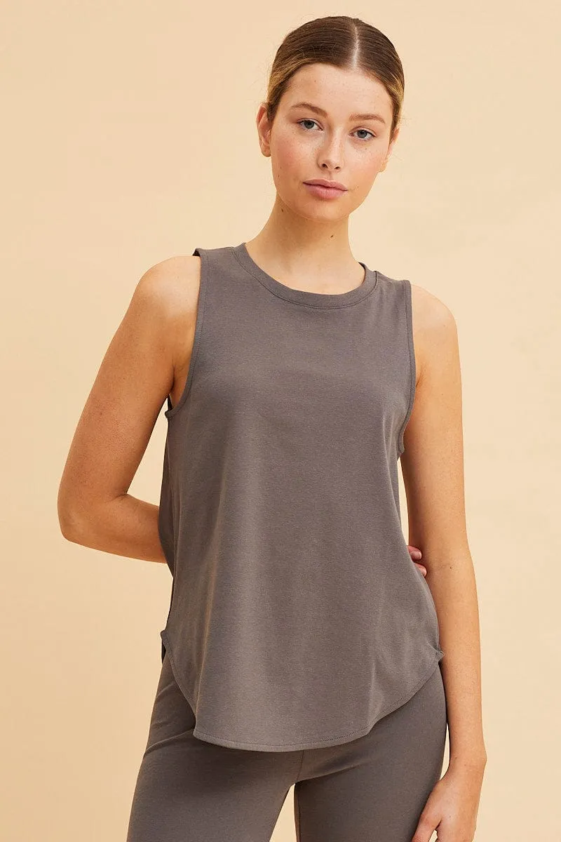 Grey Sleeveless Tank Cotton Crew Neck Curved Hem Athletic Wear Recycled Polyester Blend