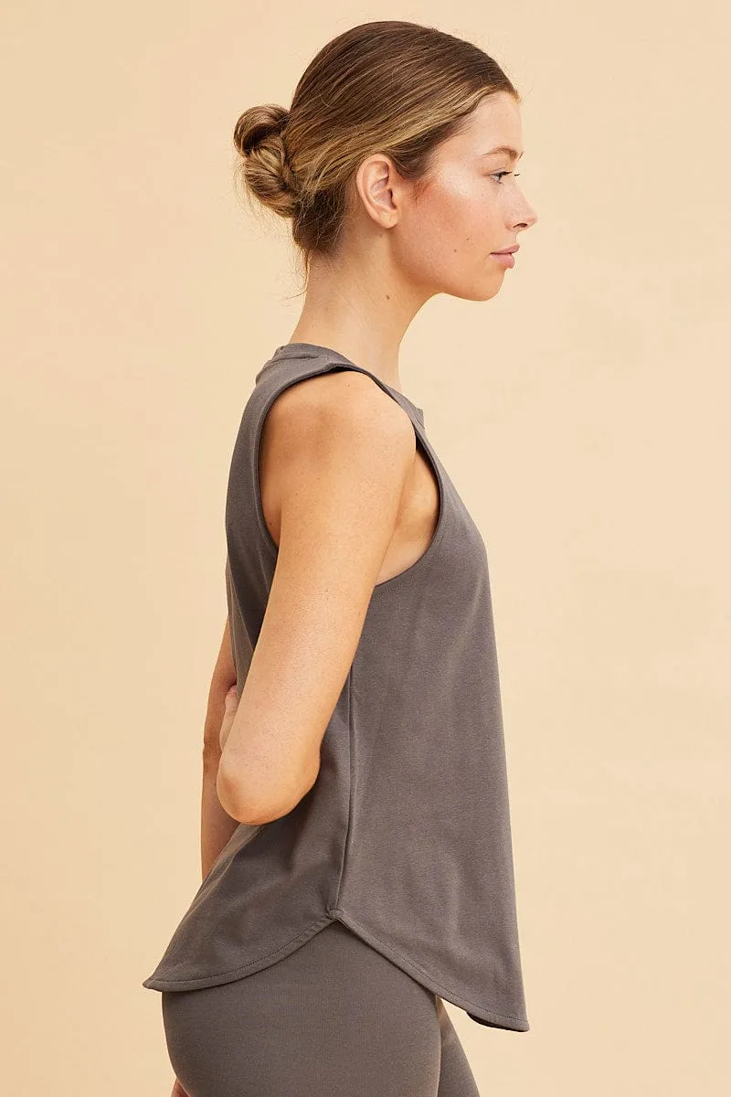 Unique Cut Adaptable Outfit Grey Sleeveless Tank Cotton Crew Neck Curved Hem