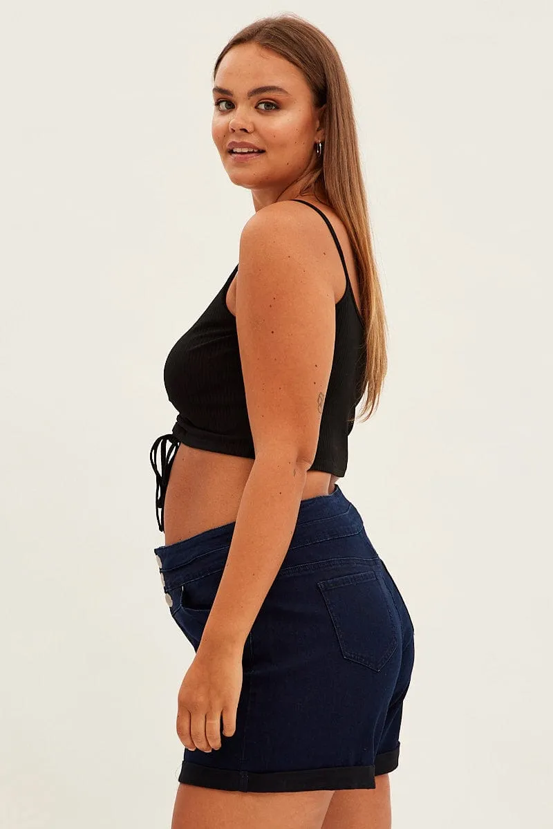 Blue Skinny Denim Shorts High Rise Green Fit