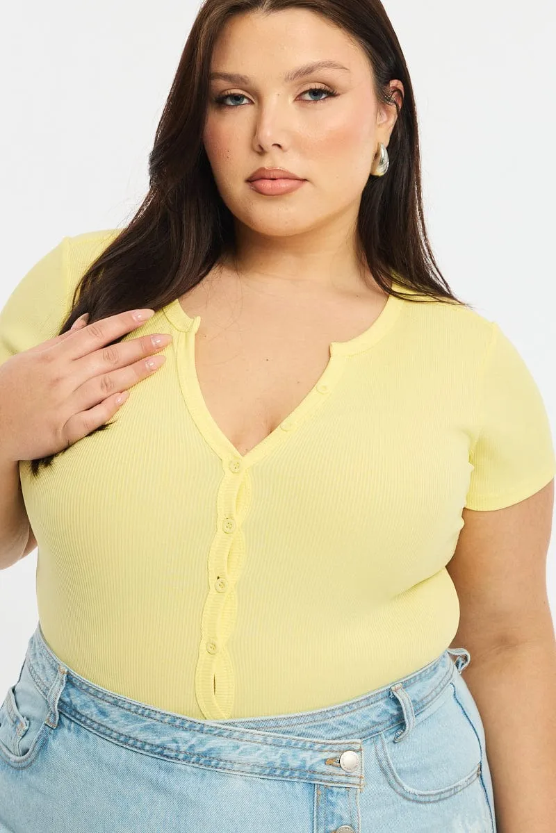 Yellow Bodysuit Short Sleeve Ribbed Button Front FadeResistantColors