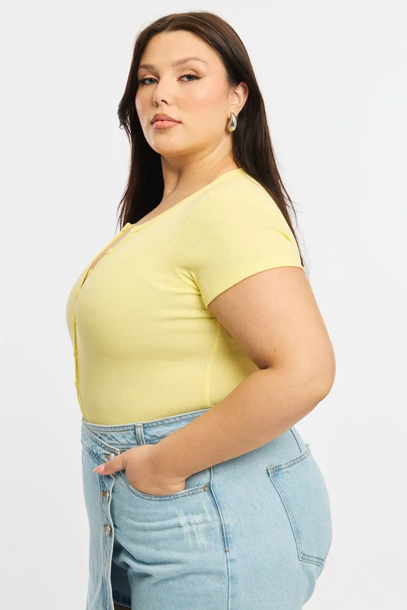 Yellow Bodysuit Short Sleeve Ribbed Button Front OdorResistant Meeting Ready
