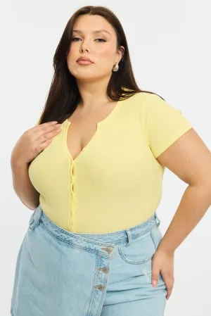 Yellow Bodysuit Short Sleeve Ribbed Button Front Calm Ease