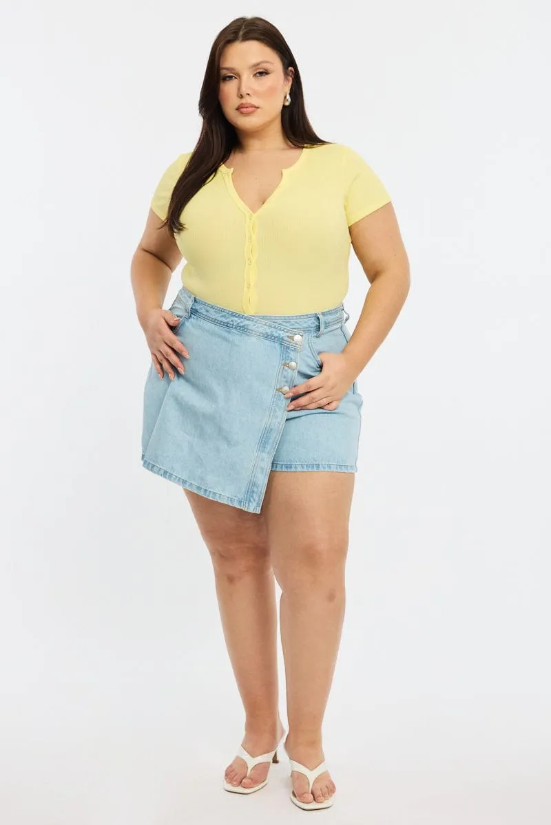 Trend Glow Yellow Bodysuit Short Sleeve Ribbed Button Front