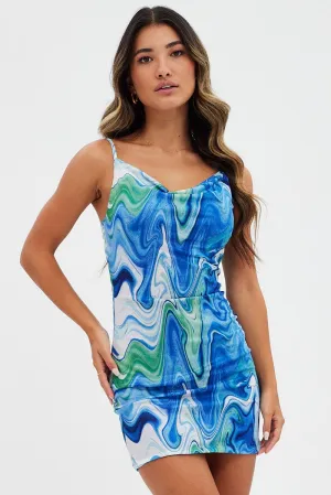 Blue Abstract Mesh Dress Cowl Neck Mini Bodycon NonRestrictive Movement FadeResistantColors