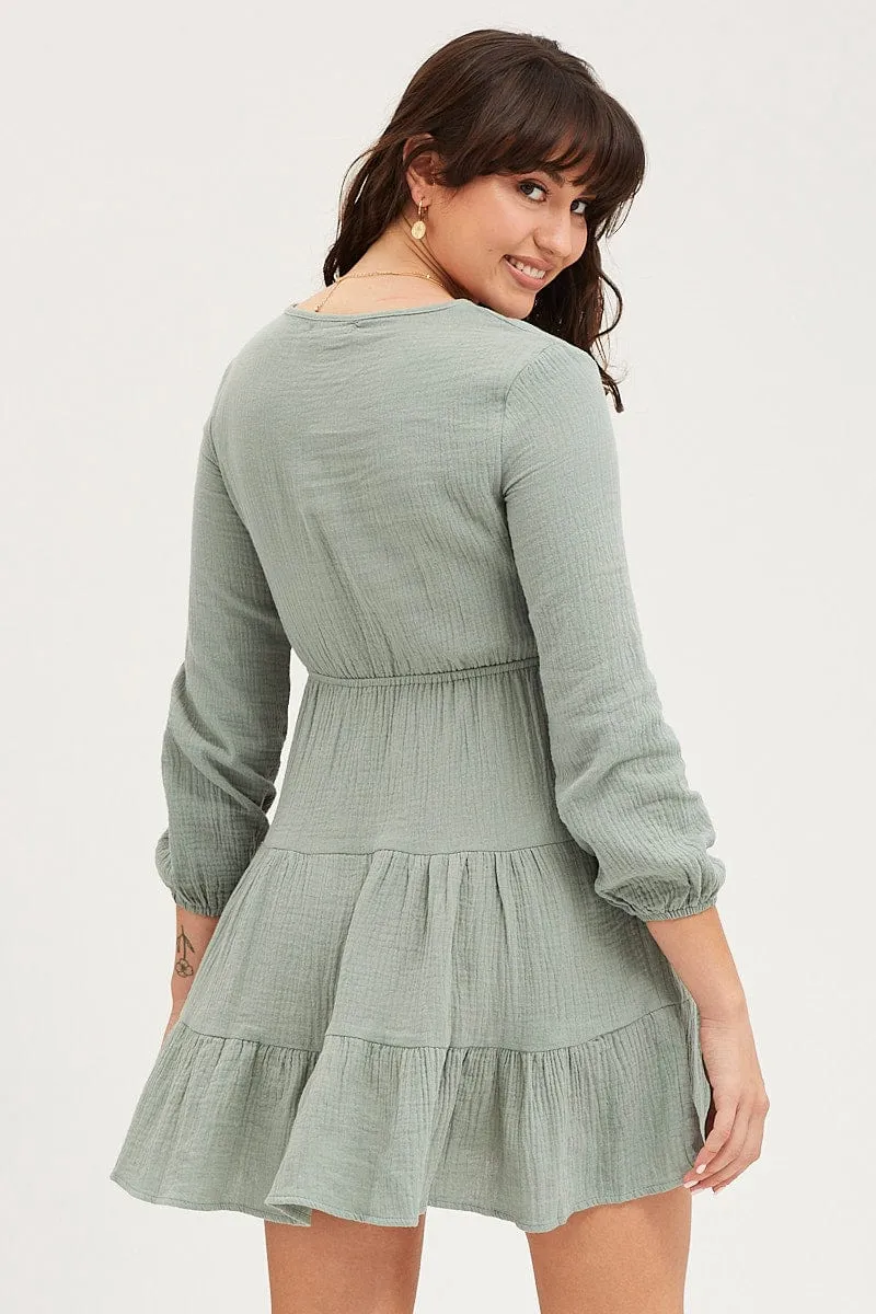 QuickDry Material Green Skater Dress Long Sleeve Mini