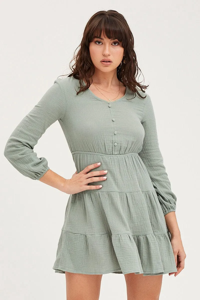 Green Skater Dress Long Sleeve Mini Thin Core Relax Mode