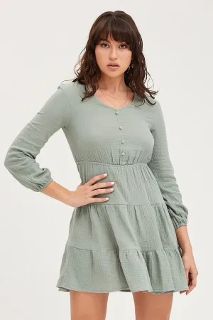 Green Skater Dress Long Sleeve Mini Thin Core Relax Mode
