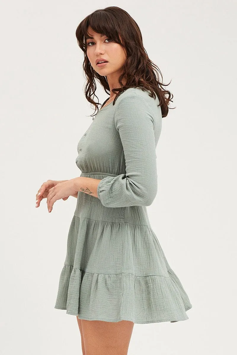 WindproofInterior Green Skater Dress Long Sleeve Mini