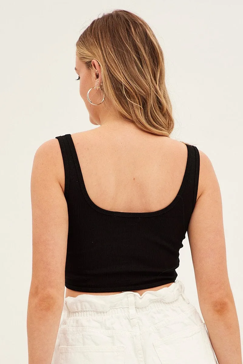 Black Crop Tank Top Scoop Neck AntiStaticMaterial AbrasionResistantFabric