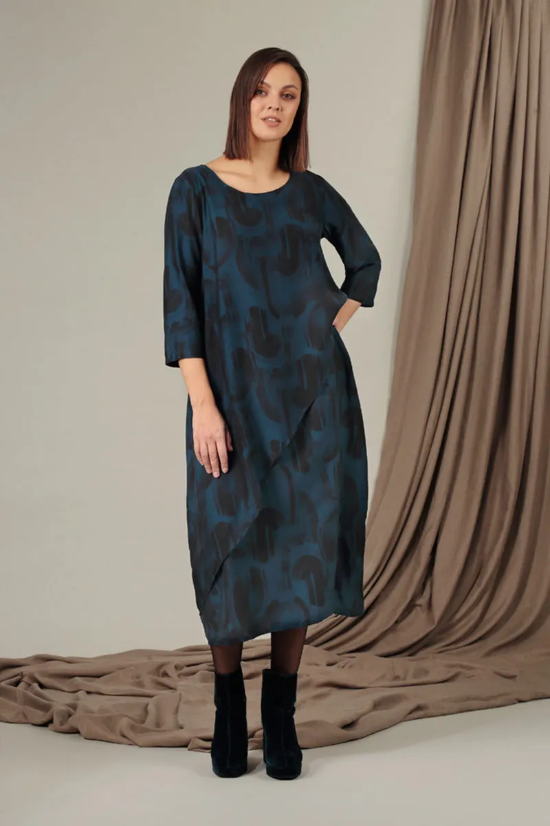 Layered Side Navy Paintwave Silk Bamboo Dress LowMaintenanceFabric PreShrunk Cotton