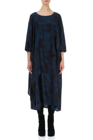 Stretchable Waistband Layered Side Navy Paintwave Silk Bamboo Dress