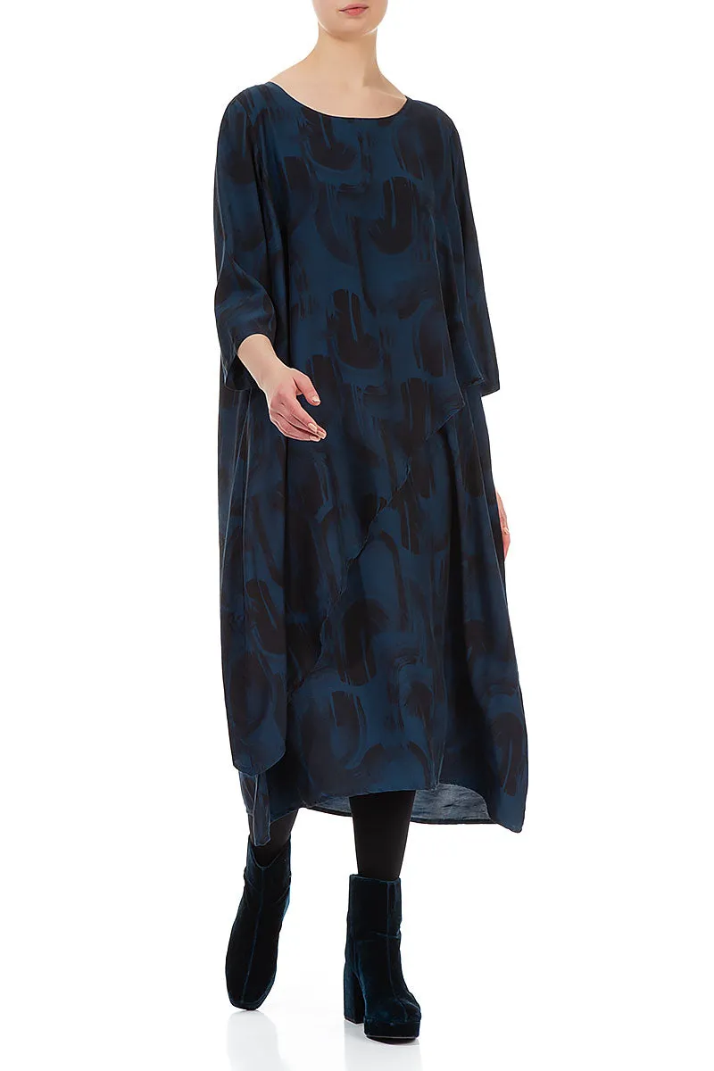 Professional Wear Layered Side Navy Paintwave Silk Bamboo Dress