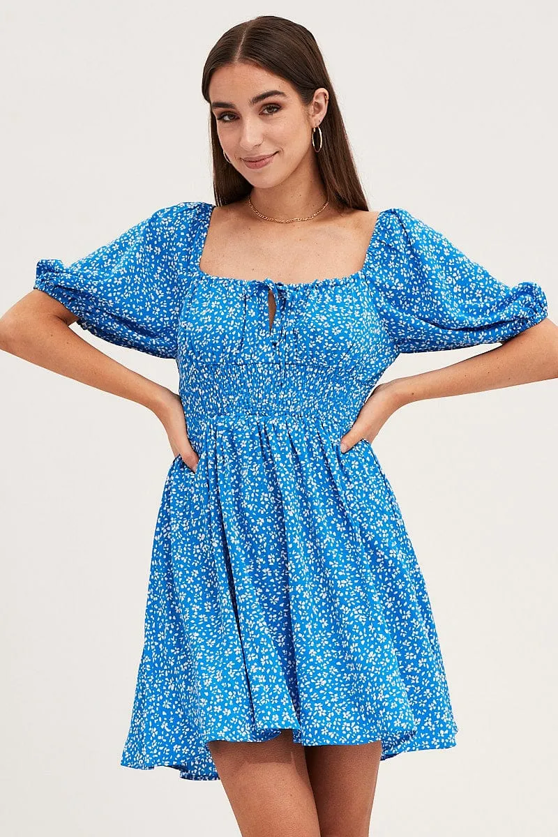 Print Puff Sleeve Skater Dress AntibacterialMaterial Antistatic