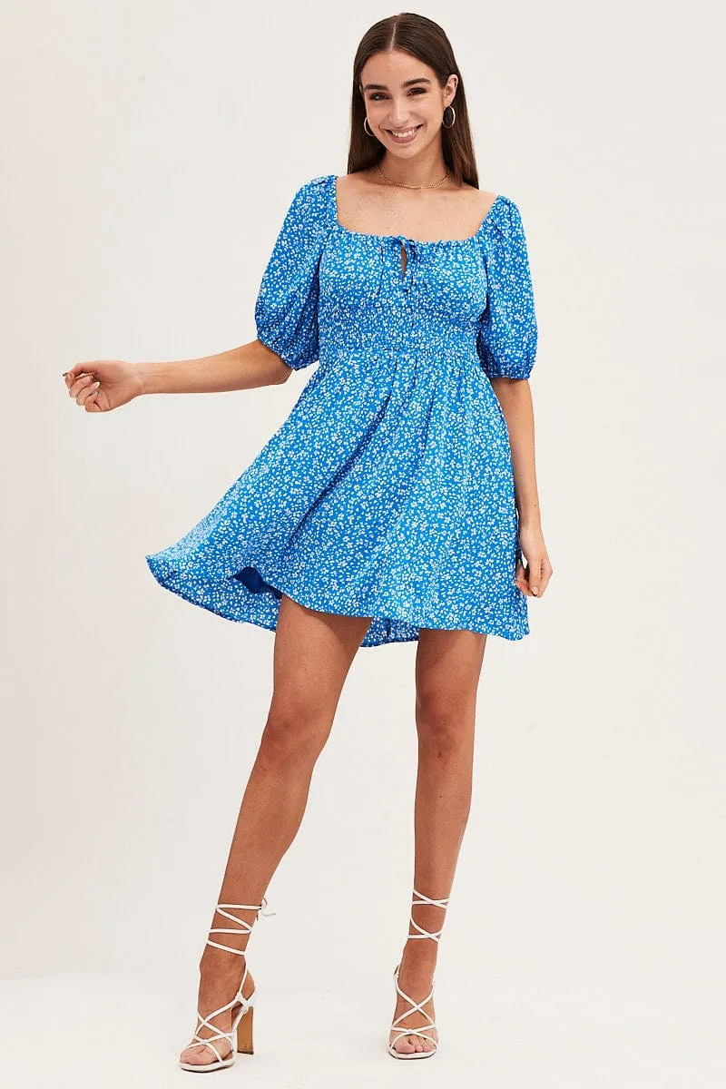 Print Puff Sleeve Skater Dress River Flow