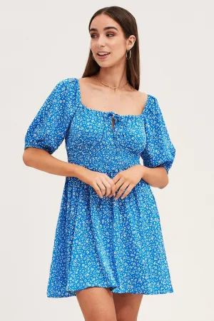 Print Puff Sleeve Skater Dress MoistureManagementSystem Streetwear Style