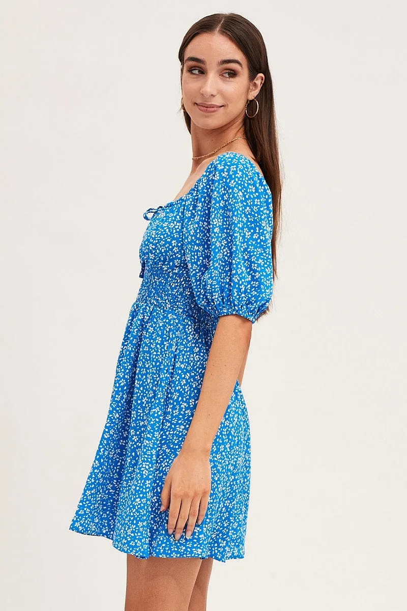 Print Puff Sleeve Skater Dress Flexible Waistline