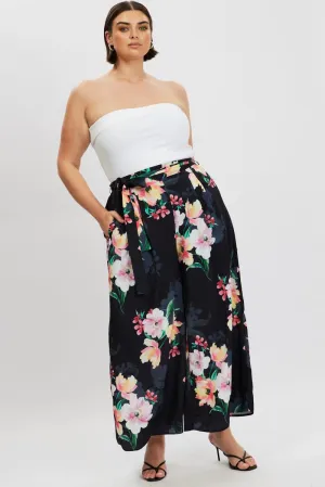 Black Floral Wide Leg Pleat Front Crepe Pants Perfectly Relaxed
