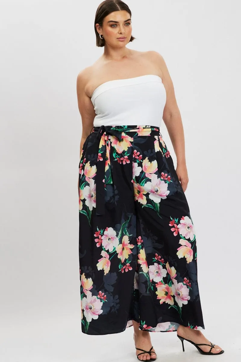 Black Floral Wide Leg Pleat Front Crepe Pants Chic Design Wear