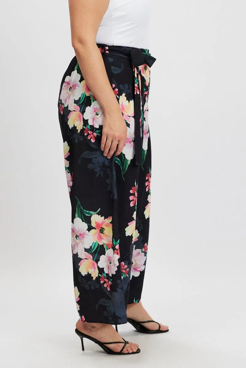 Black Floral Wide Leg Pleat Front Crepe Pants Flattering Style Slim Comfort