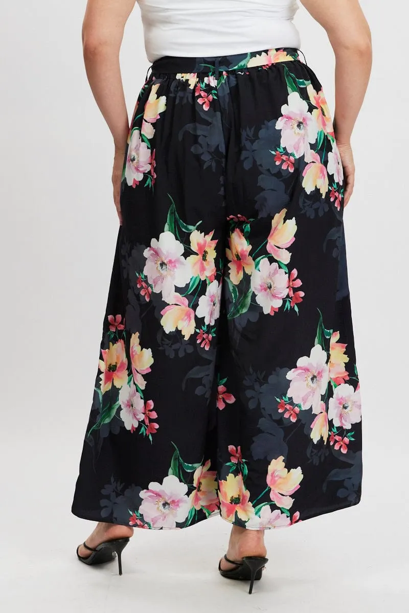 Quick Adjust Fit Street Utility Black Floral Wide Leg Pleat Front Crepe Pants
