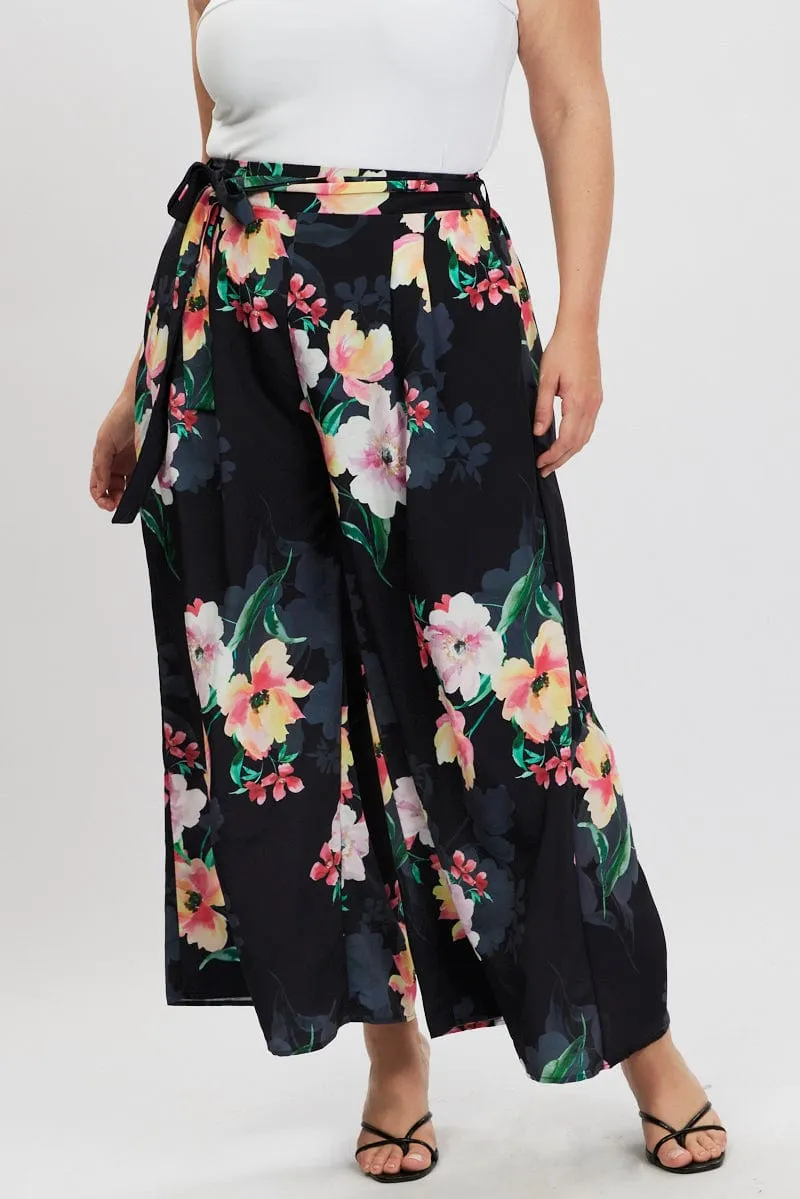 Black Floral Wide Leg Pleat Front Crepe Pants StainResistantCoating