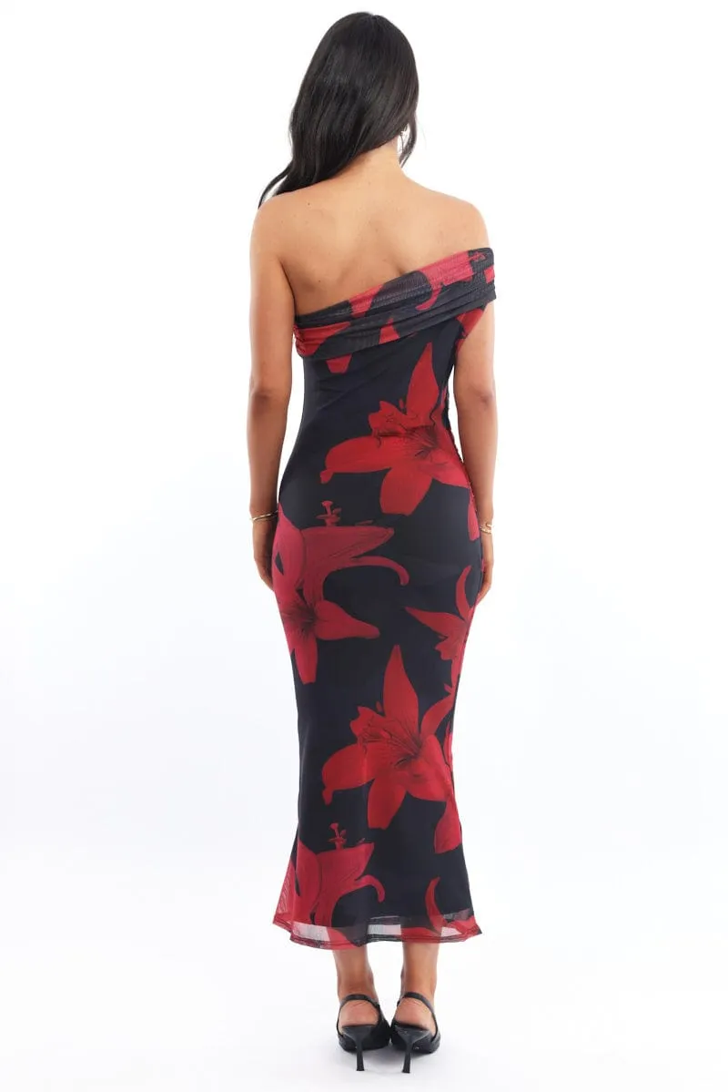 AbrasionResistantThread OekoTexCertified Black Floral Bodycon Dress One Shoulder Mesh