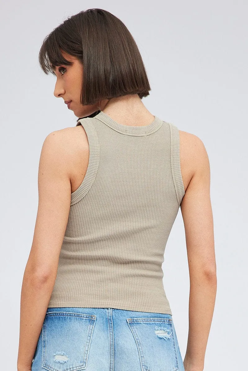 Brown Tank Top Sleeveless Crew Neck Washed Warm Layers Simple Fashion
