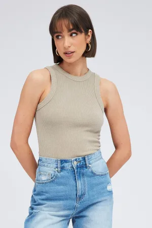 Casual Blouse Brown Tank Top Sleeveless Crew Neck Washed