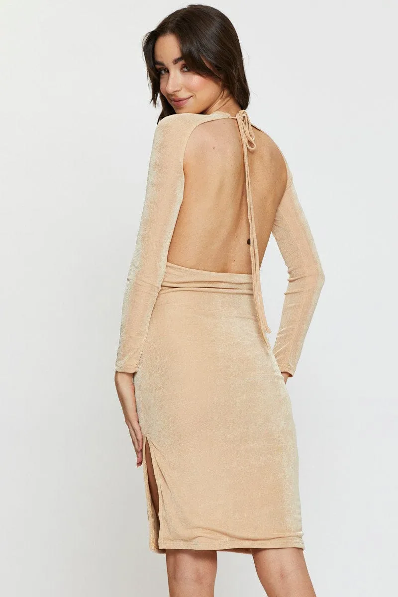 Beige Bodycon Dress Long Sleeve Evening Reuse Mode