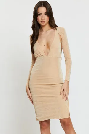 Beige Bodycon Dress Long Sleeve Evening Move Fast
