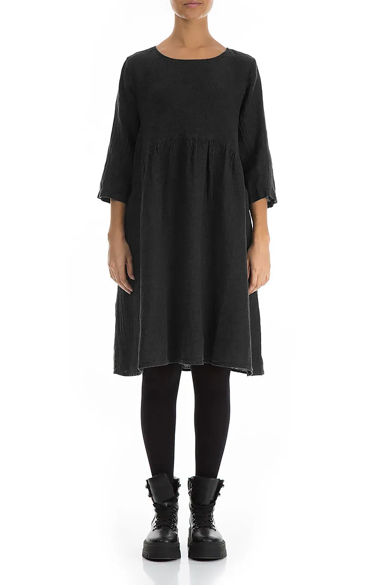 TearResistant Fabric EcoDyeProcess Flared Black M??lange Linen Midi Dress