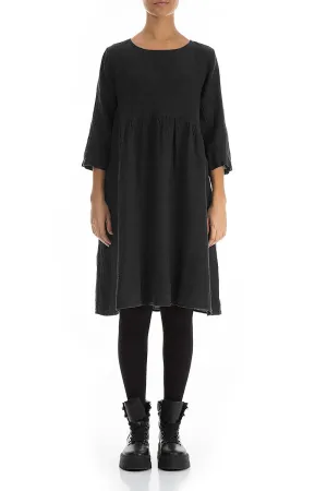 TearResistant Fabric EcoDyeProcess Flared Black M??lange Linen Midi Dress