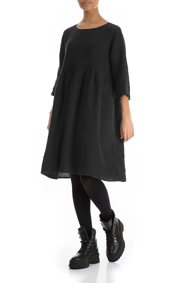 Flared Black M??lange Linen Midi Dress PillingResistant FrictionResistantFabric