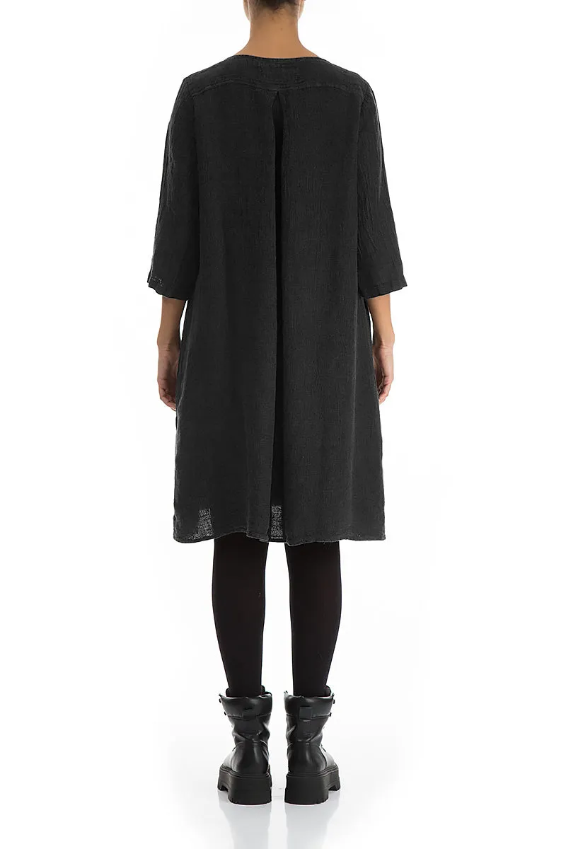 Flared Black M??lange Linen Midi Dress Elegant Coat NonRestrictiveCut