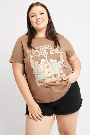 Comfort and style Curved Hemline Brown Graphic T Shirt Short Sleeve Crew Neck