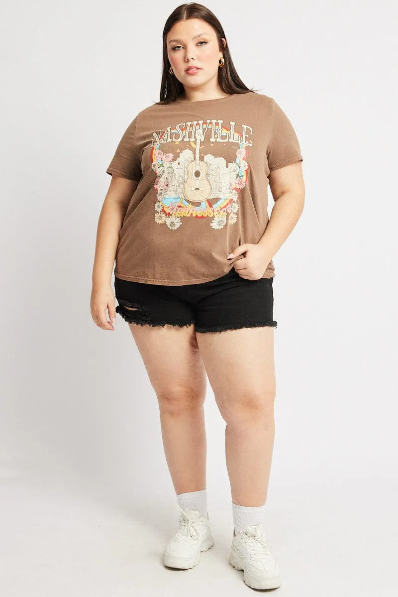 Brown Graphic T Shirt Short Sleeve Crew Neck Stylish piece Tight Fit