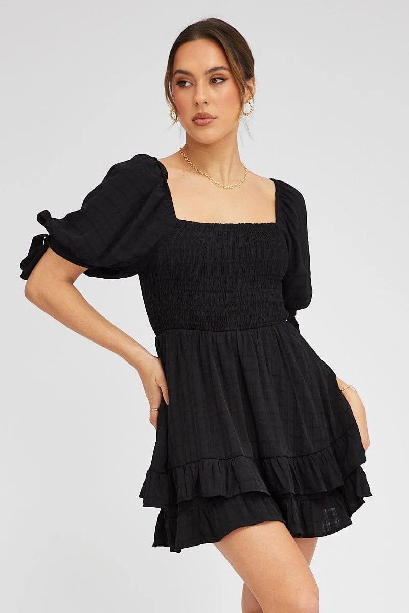 Black Fit And Flare Dress Puff Sleeve Mini SnagProofMaterial GentleWaistband