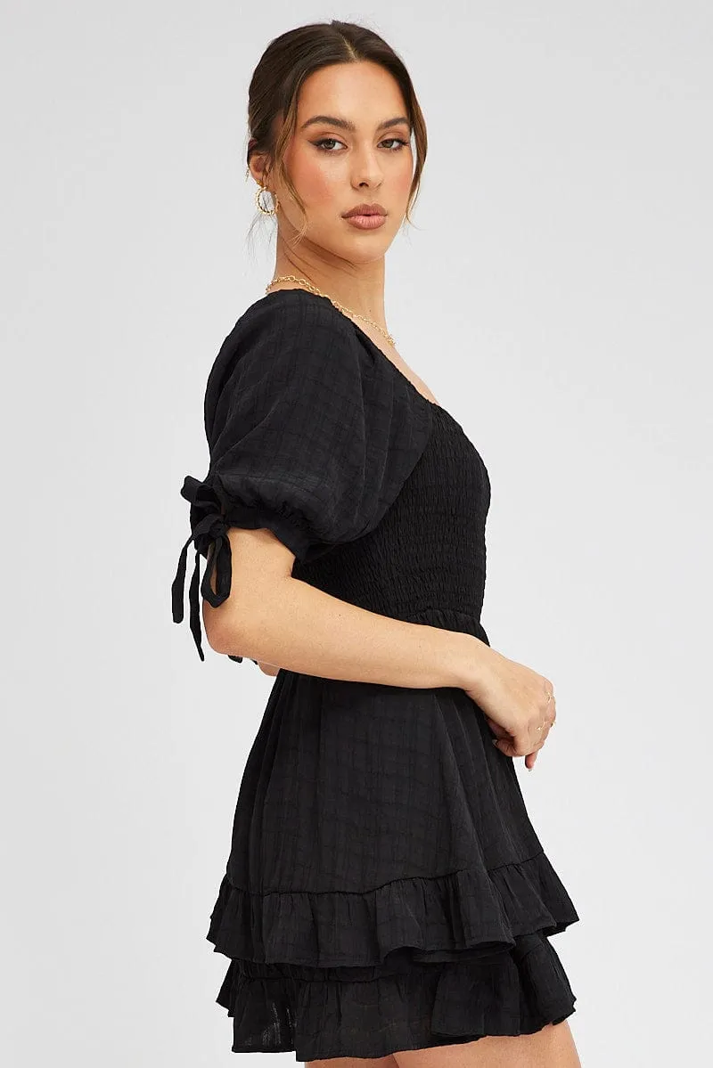 Black Fit And Flare Dress Puff Sleeve Mini World Tone