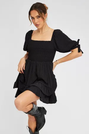 Black Fit And Flare Dress Puff Sleeve Mini Carry Ease