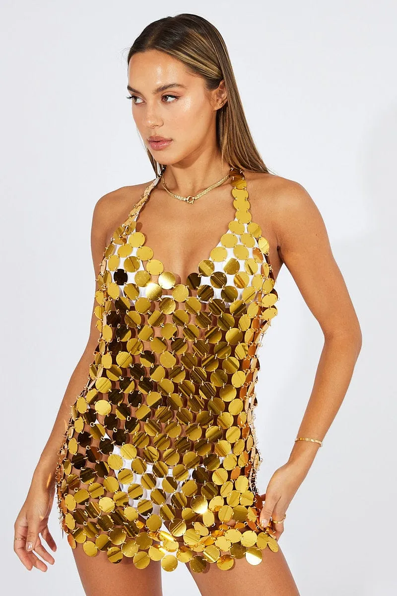 FlexibleJointConstruction Gold Disc Sequin Bodycon Dress