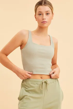 Green Crop Tank Square Neck Cotton Blend Rib EcoFriendly Material